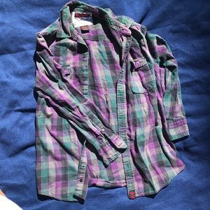 Medium purple green plaid soft flannel shirt